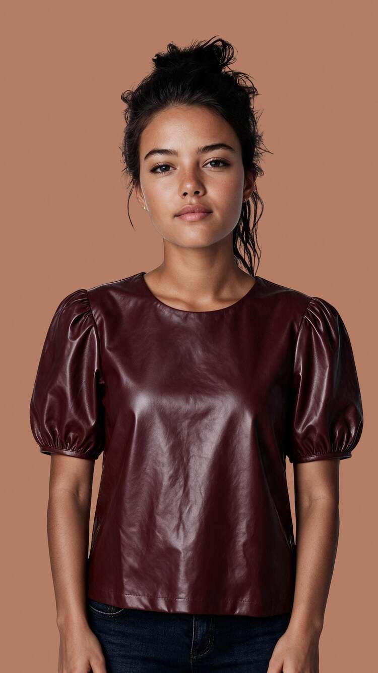 Ultra Pink Women's Faux Leather Puff Sleeve Top Burgundy